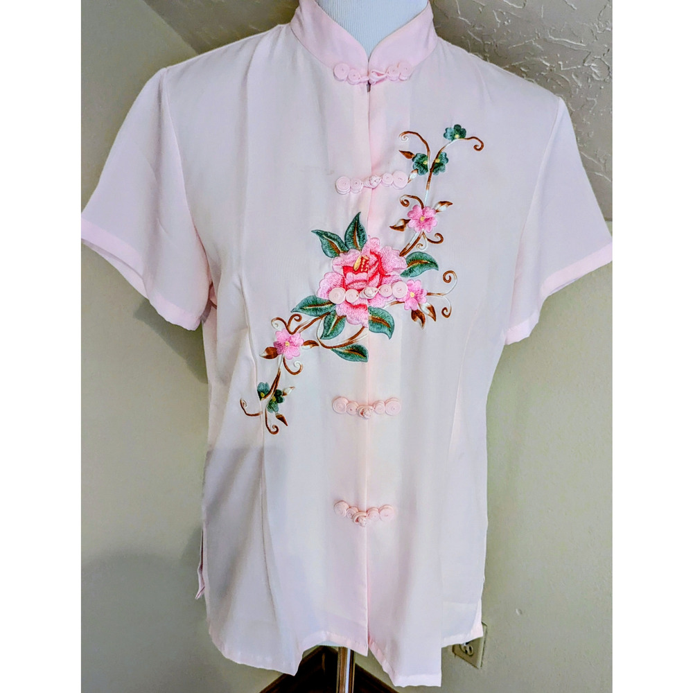 Vintage Style Embroidered Mandarin Collar Top Women’s Small Frog Closure Blouse